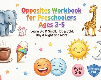Opposites Workbook for Kids Ages 3-5, Preschool Learning Activities, Kindergarten Big and Small Matching Worksheets Printable PDF