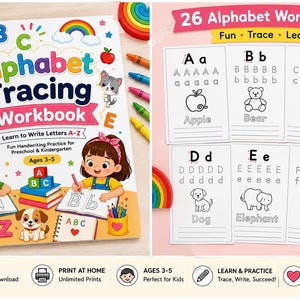 May include: An alphabet tracing workbook for children ages 3-5 featuring colorful illustrations of a boy and girl writing, a puppy, and letters A-Z. The cover includes the text Alphabet Tracing Workbook. Also shown are six sample worksheets with letters A-F and corresponding animal or object drawings.