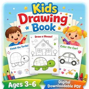May include: A digital kids drawing book with the title Kids Drawing Book and Ages 3-6 printed on the cover. The image features illustrations of a boy and girl holding colored pencils, with activity pages showing a turtle, a house, and a car.