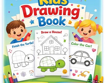 May include: A digital kids drawing book with the title Kids Drawing Book and Ages 3-6 printed on the cover. The image features illustrations of a boy and girl holding colored pencils, with activity pages showing a turtle, a house, and a car.