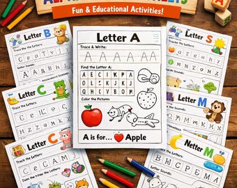Printable Alphabet Worksheets for Preschool, ABC Letter Tracing Activity Book, Toddler Homeschool Handwriting Practice PDF Pages