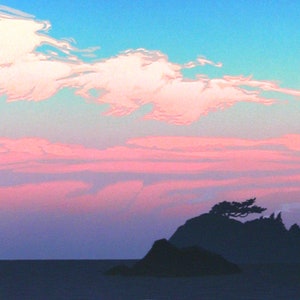 May include: A painting of a pink and blue sunset over a dark silhouette of a rocky island with a single tree on top.