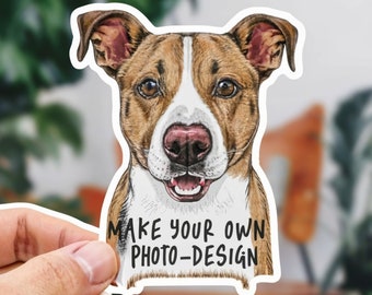 May include: A sticker featuring a brown and white dog with the text "Make your own photo-design" below the dog's head.