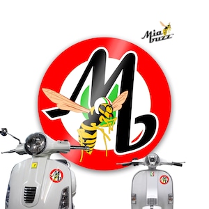 May include: White scooter with a round logo featuring a yellow and black wasp wearing a helmet with Italian flag colours. The logo is set against a red and black background with the letter "M". The text "Mia Buzz" is also visible.