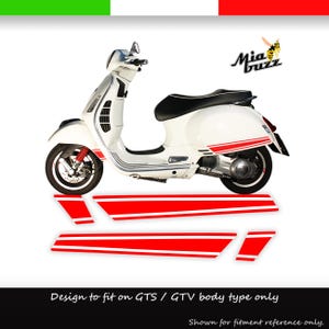 May include: White scooter with red and white racing stripes. The scooter has a black seat and red suspension. The image includes a set of red and white decals. The text reads "Design to fit on GTS / GTV body type only."