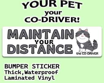 Persian Cat "Maintain Your Distance" Humorous Car Bumper Sticker with cat Pet "The Co-Driver"
