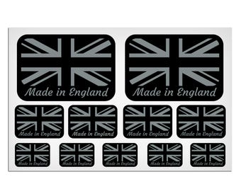Union Jack Aufkleber • Hergestellt in England Text • Schwarz-graues laminiertes Aufkleberset von 11
