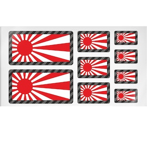 Rising Sun Flag Stickers, Carbon Fiber Outline, Laminated Decal (Set of 9)