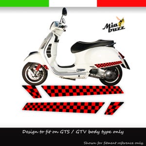 May include: A white scooter with black and red checkered decals. The scooter has a black seat and red suspension. The image includes the text "Mia Buzz" and "Design to fit on GTS / GTV body type only".