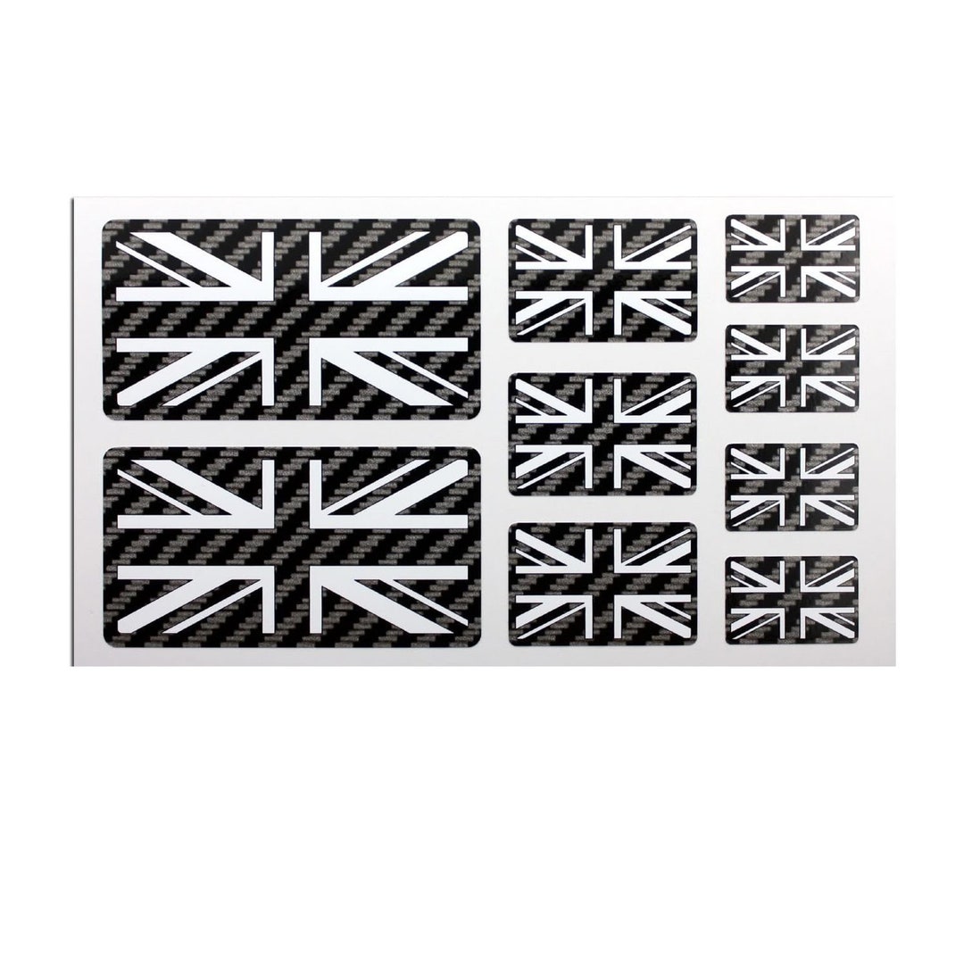 Union Jack Stickers, Carbon Fiber Look, Laminated Decals - Set of