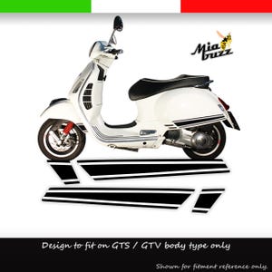 May include: White scooter with black and white accents, black seat, and red suspension. The scooter has black and white decals. The image includes the text "Mia Buzz" and "Design to fit on GTS / GTV body type only".