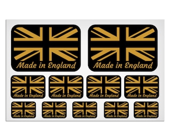 Union Jack Aufkleber • Made in England Text • Schwarz & Gold laminierte Aufkleber Set von 11
