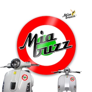 May include: White scooters with the "Mia Buzz" logo, featuring a red and green circle design. The logo includes a stylized bee and text. The scooters have a round headlight and a small logo sticker.
