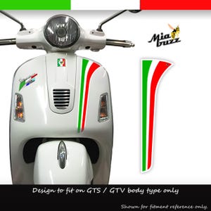Könnte beinhalten: Weißer Roller mit Aufklebern im italienischen Flaggen-Design. Die Aufkleber zeigen vertikale Streifen in Grün, Weiß und Rot. Das Bild enthält das Mia Buzz-Logo und den Text "Design to fit on GTS / GTV body type only."