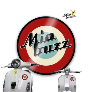May include: White scooters with the "Mia Buzz" logo, featuring a red, white, and blue target design. The logo also appears on the scooters. A yellow and black bee graphic is in the upper right corner.