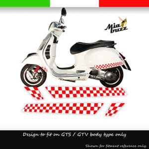 May include: A white scooter with black seat and red suspension. The scooter has red and white checkered decals. The image includes additional checkered decals. The text on the image says "Mia Buzz" and "Design to fit on GTS / GTV body type only".