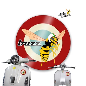 May include: A cartoon wasp wearing a helmet with Italian flag colours, set against a red and white target. The word "buzz" is written in a stylized font. Two white scooters are shown below the illustration.