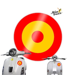May include: White scooters with a red, yellow, and red target design. The scooters have a round sticker with the same design. The Mia Buzz logo is in the upper right corner.