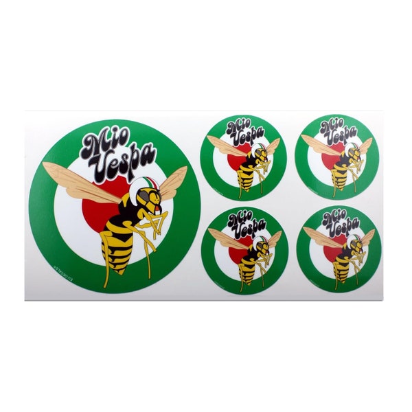 Miovespa logo wasp Set of 5 Stickers 1X 100mm-4* & 4X 50mm-2" Laminated Decal classic retro for vespa helmet scooter MioVespa collection