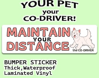 Yorkshire Terrier White pink "Maintain Your Distance" Humorous Car Bumper Sticker with Pet "The Co-Driver"