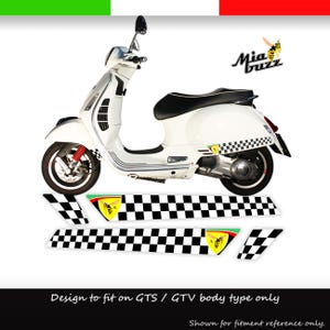 May include: White scooter with black seat and checkered flag accents. The scooter has red suspension and a logo with a yellow bee. The image includes additional checkered flag decals with a logo and the text "Design to fit on GTS / GTV body type only."