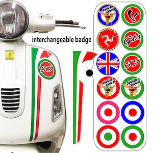 Vespa Front Stripe with Interchangeable badge, tricolore with Italian flag for GTS 125 150 200 250 300 GTV Decal Laminated Stickers