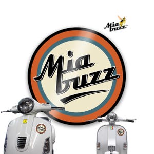 May include: White scooters with the "Mia Buzz" logo, a stylized design featuring the brand name in black script within a circular emblem. The emblem has orange, blue, and cream colours. A yellow and black bee logo is also present.