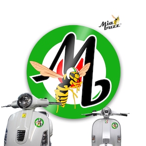May include: White scooter featuring a graphic of a wasp wearing a helmet, the letter "M", and the words "Mia Buzz". The graphic is on the scooter and a larger version is in the background. The wasp is yellow and black.