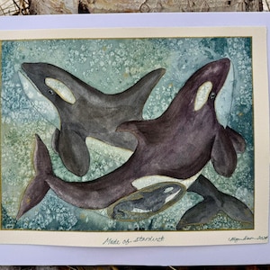 Fatto di polvere di stelle - acquerello ORIGINALE famiglia di orche e balene