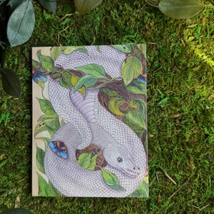 May include: An art print showing a white snake entwined with green leaves and a blue butterfly. The artwork is set on a bed of green moss. The snake is the central focus of the illustration.
