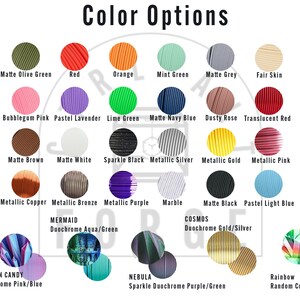 May include: A chart of color options for a product, showing various colors of filament for 3D printing. The colors include matte olive green, red, orange, mint green, matte grey, fair skin, bubblegum pink, pastel lavender, lime green, matte navy blue, dusty rose, translucent red, matte brown, matte white, sparkle black, metallic silver, metallic gold, metallic pink, metallic copper, metallic bronze, metallic purple, marble, matte black, pastel light blue, duochrome aqua/green, duochrome gold/silver, duochrome pink/blue, sparkle duochrome purple/green, and rainbow random color change.