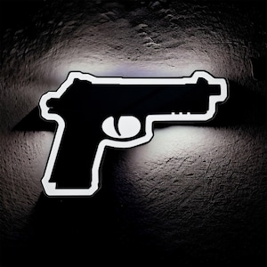 May include: A white outline of a handgun on a dark textured background.