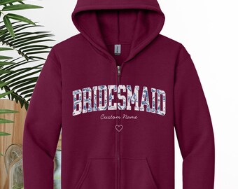 Custom bruidsmeisje blauwe toile hoodie met volledige ritssluiting, bruidsweater: kledingstukgeverfd Amerikaans katoenen shirt