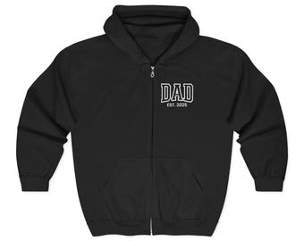Sudadera con capucha y cremallera completa personalizada "Papá Est. 2025", regalo para el Día del Padre, sudadera para papá primerizo.