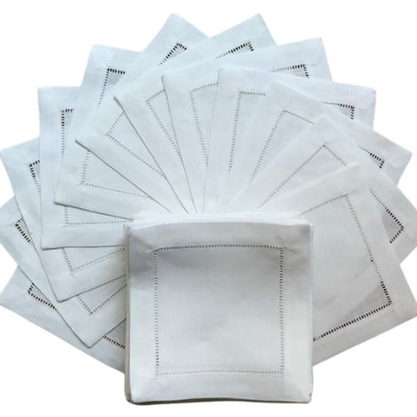 White Linen Cocktail Napkin 8"x8" - A Dozen Cloth Napkin Ladder Hemstitch Border 100% Linen Beverage Party Napkin Coasters