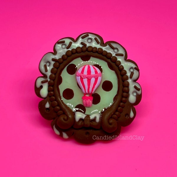 Mint Chocolate Chip Decoden Frame Pastel Hot Air Balloon Cameo (Miniature Polymer Clay Sculpture)