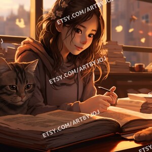 Puede incluir: Una joven con el pelo largo y castaño se sienta en un escritorio con dos gatos. Está escribiendo en un libro grande abierto. Los gatos están sentados en el escritorio y una pila de libros. La escena está iluminada por el cálido resplandor del sol poniente.