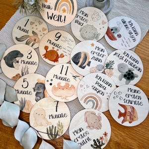 Mijlpaalkaartenset “Underwater deluxe” van hout | inclusief katoenen tas | mijn eerste jaar | Schatje | maand | gepersonaliseerd cadeau
