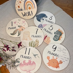 Mijlpaalkaartenset “Onderwaterpastel” van hout | inclusief katoenen tas | mijn eerste jaar | Schatje | maand | Geboorte geschenk