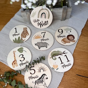 Mijlpaalkaartenset “Safari” van hout | inclusief katoenen tas | mijn eerste jaar | Schatje | maand | gepersonaliseerd geboortecadeau