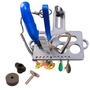 Kayak fishing tool holder in gray with different fishing tools and lures stored on it. Includes spacers, t-bolt and thumb knob hardware.