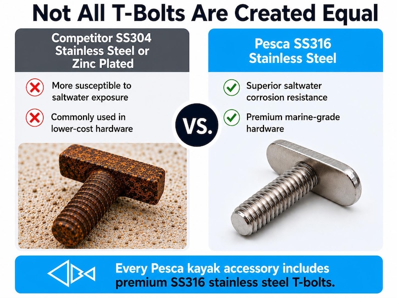 Puede incluir: Un gr&aacute;fico comparativo titulado Not All T-Bolts Are Created Equal. Muestra un perno en T de acero inoxidable SS304 o galvanizado oxidado frente a un perno en T de acero inoxidable SS316 limpio, destacando una resistencia superior a la corrosi&oacute;n.