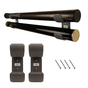 May include: Two dark-colored cylindrical fishing rod cases are held horizontally by two grey wall-mounted brackets. Below, two additional grey brackets are shown vertically alongside four silver metal mounting screws for installation.