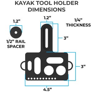 Puede incluir: Un soporte para herramientas de kayak negro con una base rectangular que presenta varios recortes y una extensi&oacute;n vertical. El diagrama muestra las dimensiones: 4.5 pulgadas de ancho, 3 pulgadas de alto, 1.2 pulgadas de ancho para la extensi&oacute;n y 1/4 de pulgada de grosor. Incluye un espaciador de riel de 1/2 pulgada.