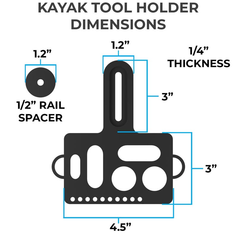 Puede incluir: Un soporte para herramientas de kayak negro con una base rectangular que presenta varios recortes y una extensi&oacute;n vertical. El diagrama muestra las dimensiones: 4.5 pulgadas de ancho, 3 pulgadas de alto, 1.2 pulgadas de ancho para la extensi&oacute;n y 1/4 de pulgada de grosor. Incluye un espaciador de riel de 1/2 pulgada.