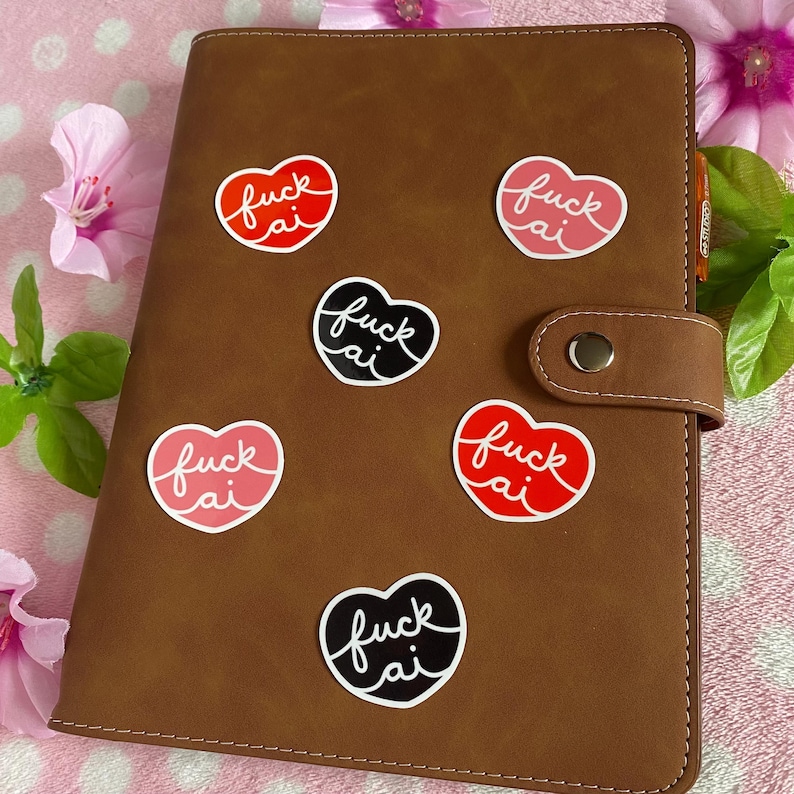 May include: A brown leather planner with several heart-shaped stickers. Each sticker has the words "fuck ai" written in a cursive font. The stickers are in various colors, including red, pink, and black. The planner is closed and has a button closure.