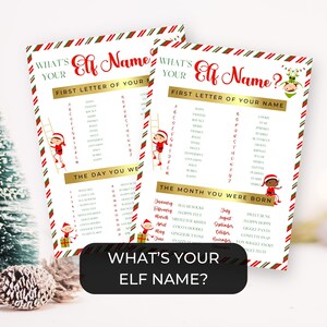 Op de afbeelding: Een printbaar kerstspel met een rood-groen-wit gestreepte achtergrond. Het spel heet "Wat is je elfennaam?" en vraagt spelers om hun elfennaam te vinden op basis van de eerste letter van hun naam, de dag waarop ze zijn geboren en de maand waarin ze zijn geboren.