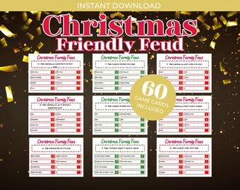 May include: A printable Christmas Family Feud game with 60 game cards. The cards are red and green with white text. The cards have questions about Christmas traditions and trivia.