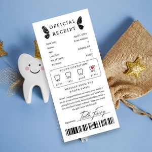 Nota stampabile sulla fatina dei denti. Ricevuta ufficiale modificabile della fatina dei denti. Certificato stampabile. Primo dente perso. Lettera realistica della fatina dei denti del bambino