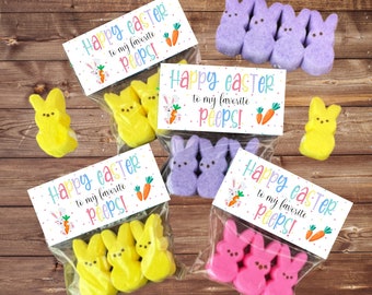 May include: Four bags of pastel-colored marshmallow Peeps candies with a white tag that reads "Happy Easter to my favorite Peeps!"